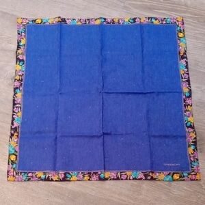 Cotton Handkerchief Royal Blue Scarf with Floral Trim 18 X 18